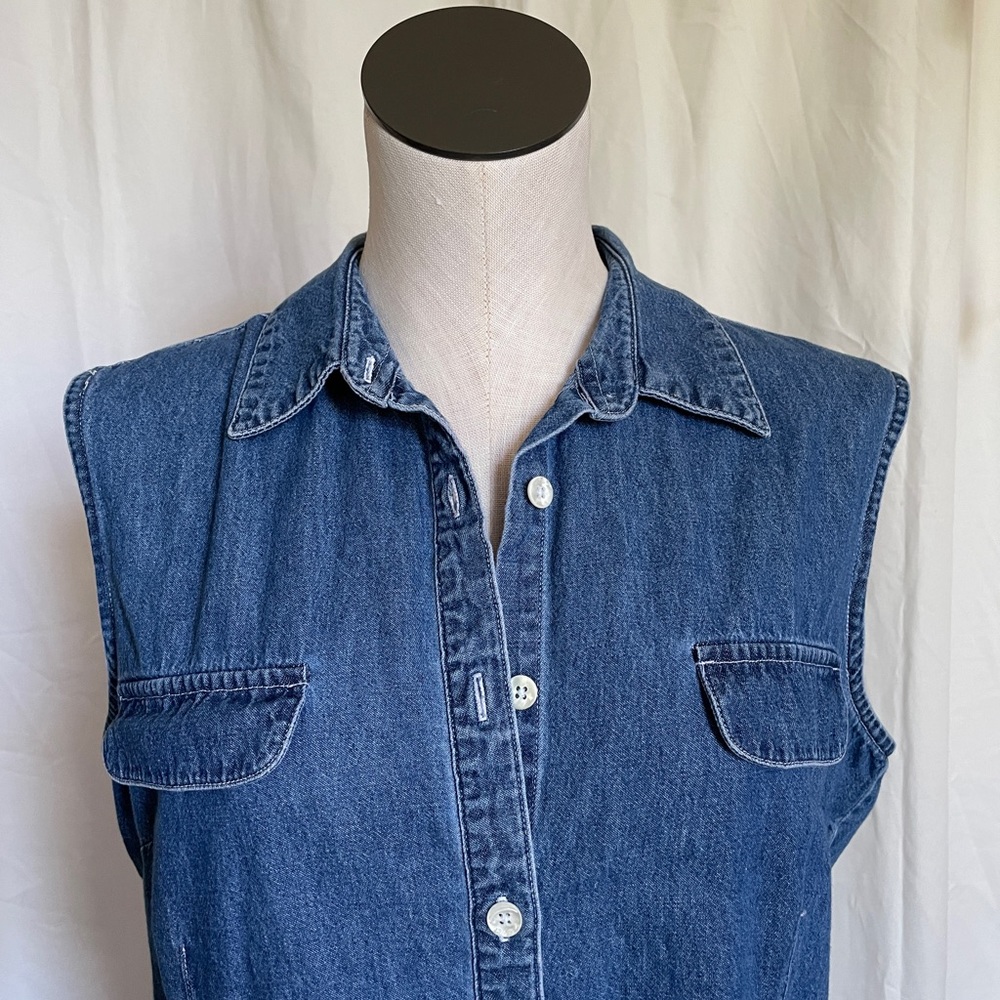Vintage 90s Blue Denim button up tank blouse szLg - Picture 2 of 7